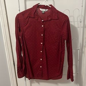 Maroon dress shirt with pink polka dots. Worn once or twice. Good condition